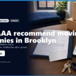 Image of a workspace featuring moving-related documents, a smartphone displaying moving company information, and cardboard boxes. The scene emphasizes the question of AAA's recommendations for moving companies in Brooklyn, NY. Contact information and website details are also visible, promoting local moving services.