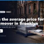 Curbside estimate for local movers in Brooklyn, featuring a moving truck with wrapped furniture and cardboard boxes, highlighting average pricing and services available. Contact information and website details included.