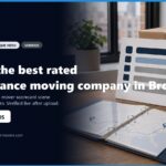 Image depicting a scorecard for evaluating long-distance moving companies, with a focus on Brooklyn movers. A notebook with a map and keys is shown alongside a cardboard box, emphasizing relocation services. Contact information for inquiries is prominently displayed, highlighting availability and services.