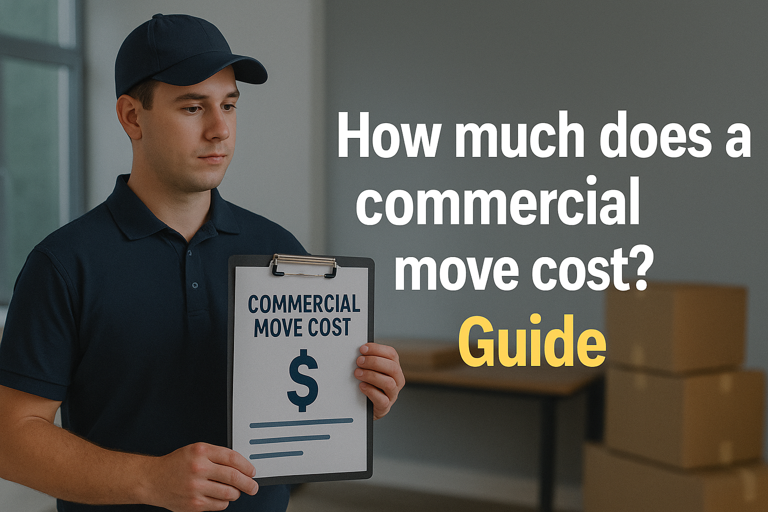 A moving professional holding a clipboard with a sign that reads "Commercial Move Cost" in a spacious, empty room with boxes in the background, illustrating the topic of commercial moving expenses.