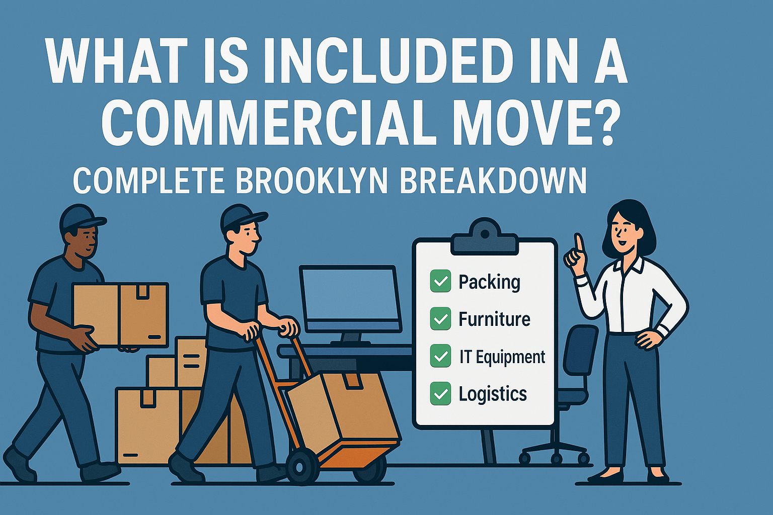 Illustration depicting a commercial move in Brooklyn, featuring two movers carrying boxes and a cart, along with a woman presenting a checklist that includes packing, furniture, IT equipment, and logistics. The image highlights key components of a commercial moving process.