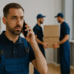 How Much Does a Commercial Move Cost? A male delivery worker on the phone looks concerned while two colleagues in uniforms carry boxes in the background of a bright, modern office space.