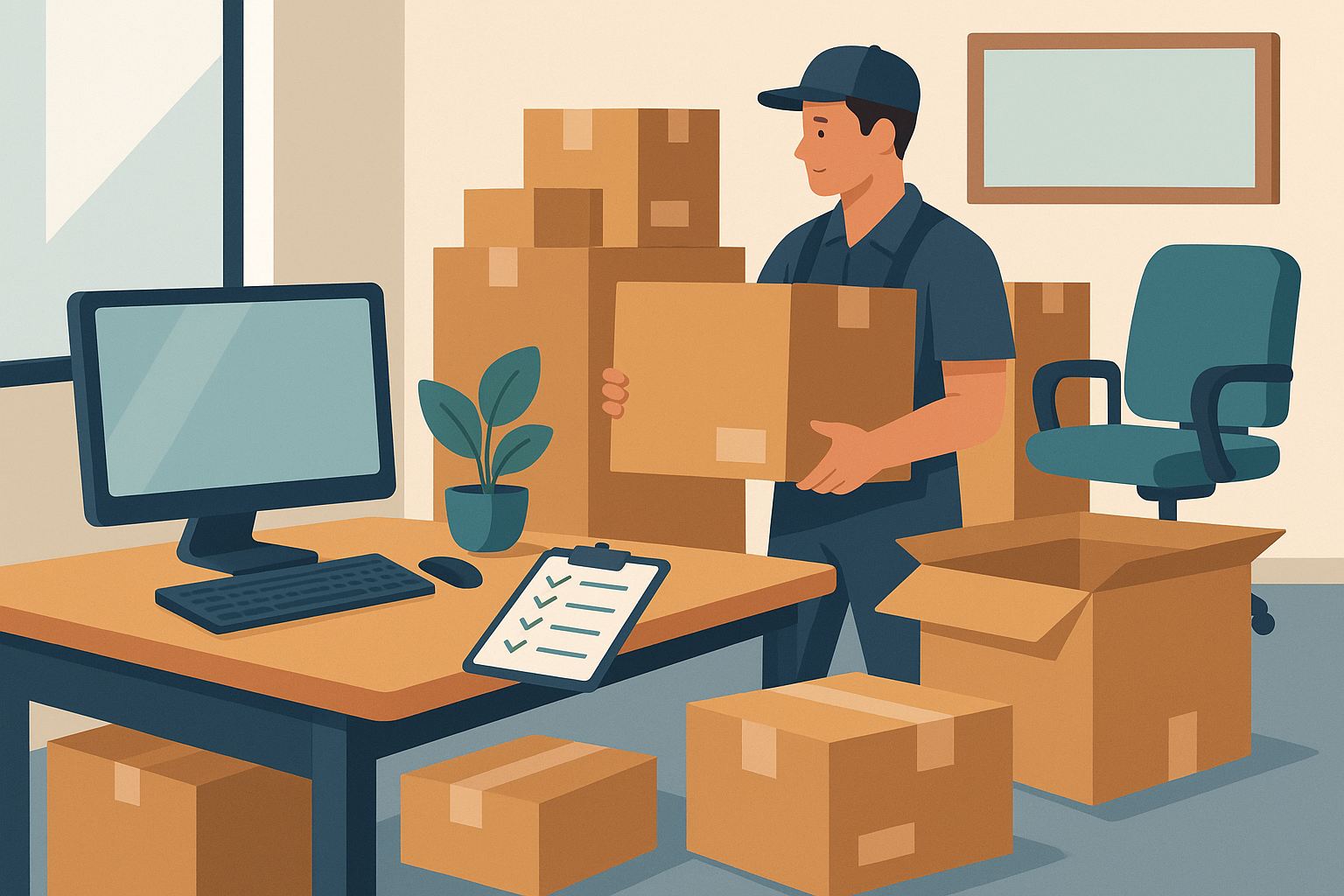A warehouse worker organizing packages in an office setting, with a computer, clipboard, and potted plant on the desk, surrounded by cardboard boxes.