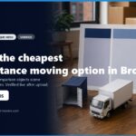 Image of a moving guide for Brooklyn, NY, featuring a miniature moving truck and shipping containers alongside stacked cardboard boxes. The image promotes the cheapest long-distance moving options, highlighting contact information and services available seven days a week.