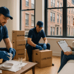 Professional movers in a modern Brooklyn apartment wrapping dishes and packing labeled moving boxes near a large window with a Brooklyn streetscape outside.