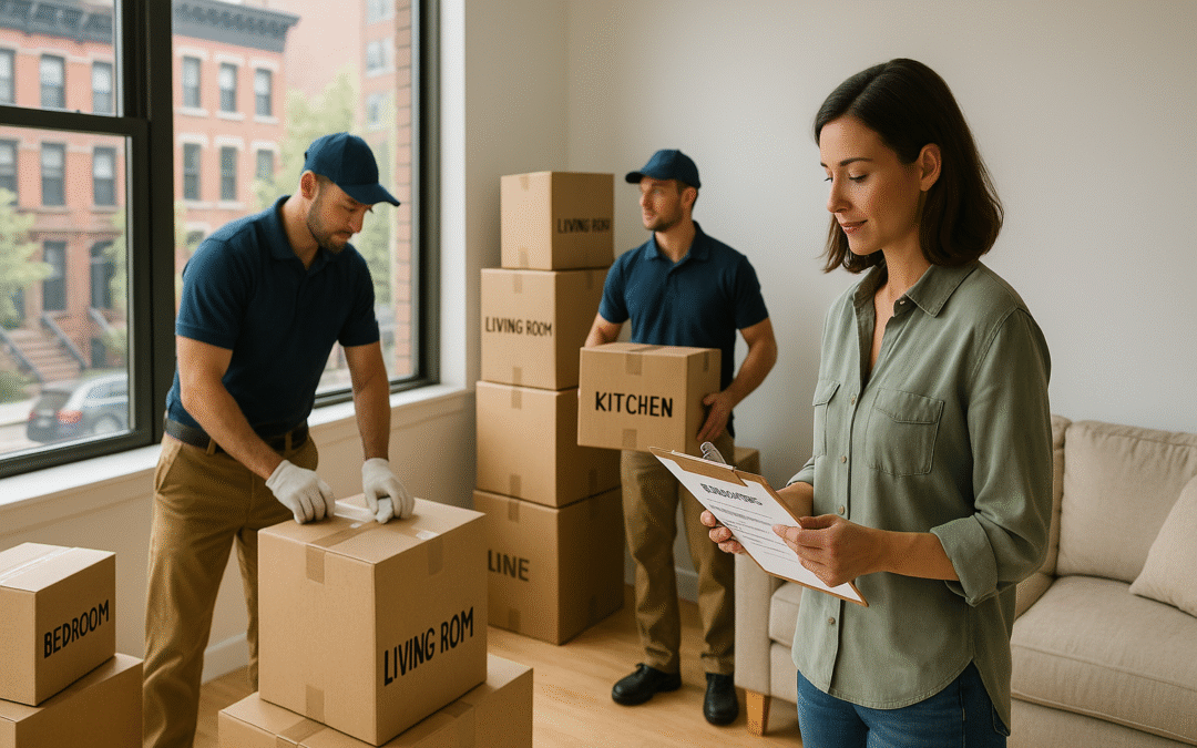 Professional movers and a Brooklyn resident in a bright modern apartment, reviewing a packing checklist while labeled moving boxes are being packed near a large window with a Brooklyn streetscape outside.