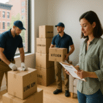 Professional movers and a Brooklyn resident in a bright modern apartment, reviewing a packing checklist while labeled moving boxes are being packed near a large window with a Brooklyn streetscape outside.