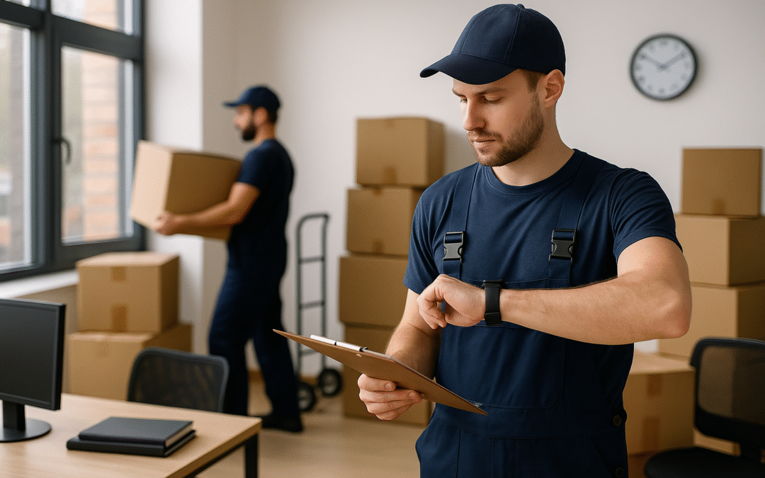 Warehouse worker checking schedule on smartwatch while holding a clipboard, with moving boxes in the background.