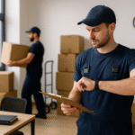 Warehouse worker checking schedule on smartwatch while holding a clipboard, with moving boxes in the background.