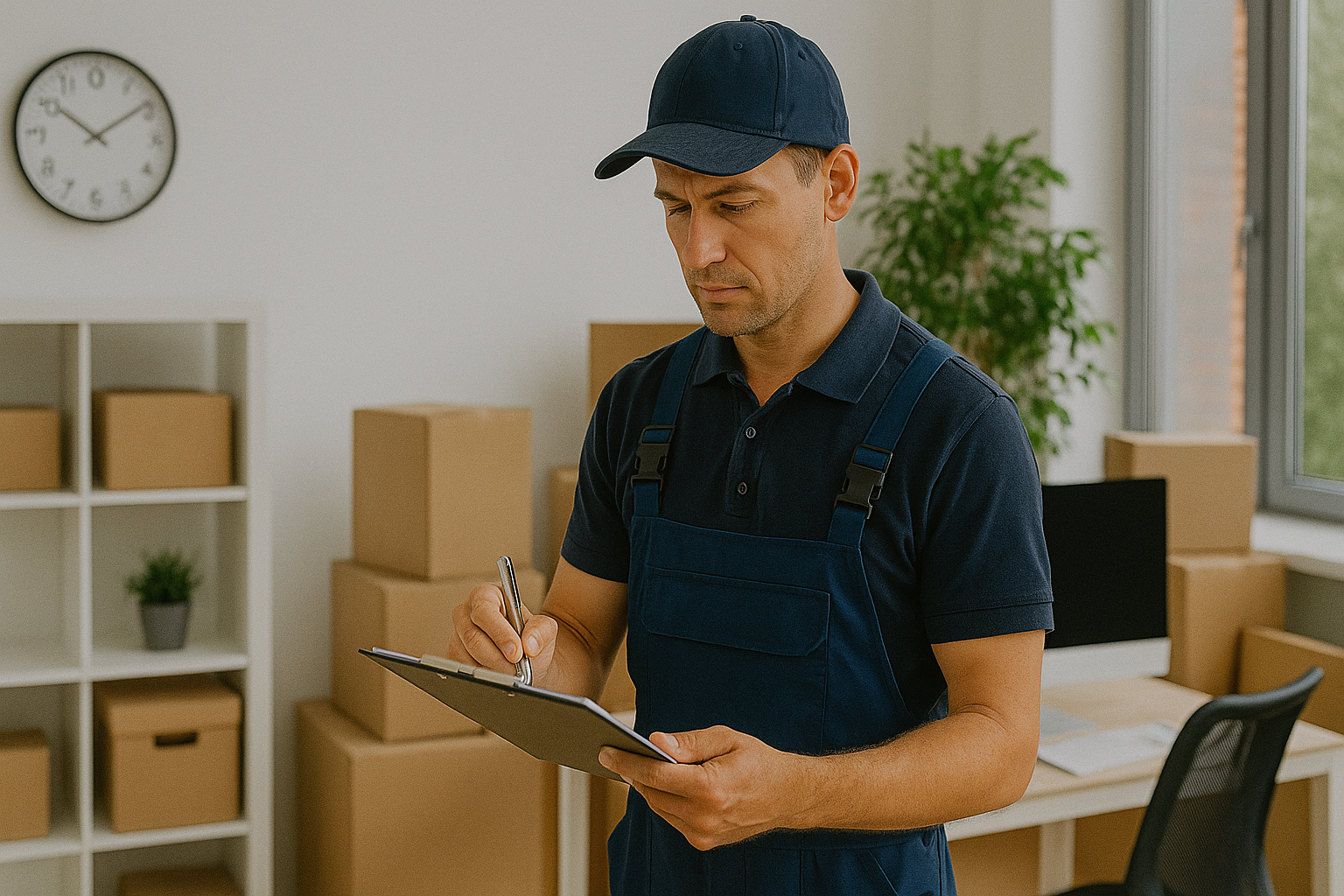 A delivery worker in a navy blue uniform and cap is taking notes on a clipboard in a workspace filled with cardboard boxes and a computer.