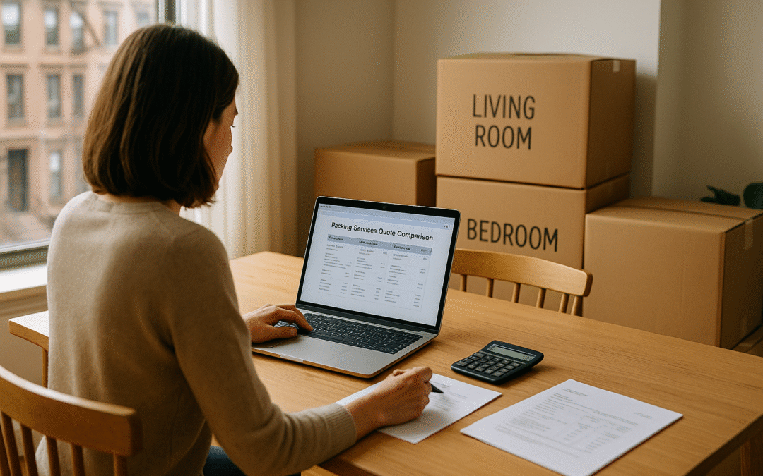 Brooklyn resident at a dining table comparing moving and packing quotes on a laptop with paperwork, calculator and sealed moving boxes nearby.