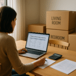 Brooklyn resident at a dining table comparing moving and packing quotes on a laptop with paperwork, calculator and sealed moving boxes nearby.