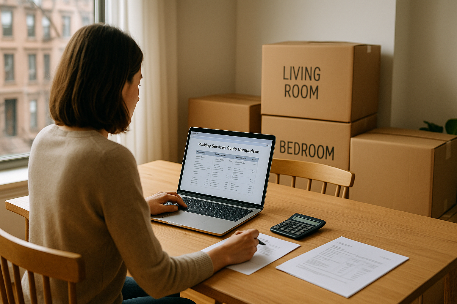 Brooklyn resident at a dining table comparing moving and packing quotes on a laptop with paperwork, calculator and sealed moving boxes nearby.