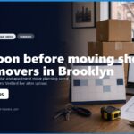 Image depicting a moving planning scene in Brooklyn, featuring a calendar, a laptop displaying a moving schedule, and packing materials. The text highlights the importance of hiring movers in advance, with a focus on booking lead times and apartment move planning. Contact information for Brooklyn Movers is also included.