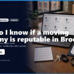 Image of a workspace featuring a laptop displaying a mover verification interface, a checklist, keys, and a magnifying glass, emphasizing the importance of verifying the reputation of moving companies in Brooklyn, NY. The scene promotes a moving guide with contact information for assistance.