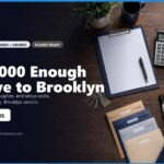 Image showcasing a workspace with moving supplies, including a calculator, notebooks, envelopes, and cardboard boxes, emphasizing a budget for moving to Brooklyn. Text highlights planning costs, hourly pricing, and contact information for Brooklyn movers.