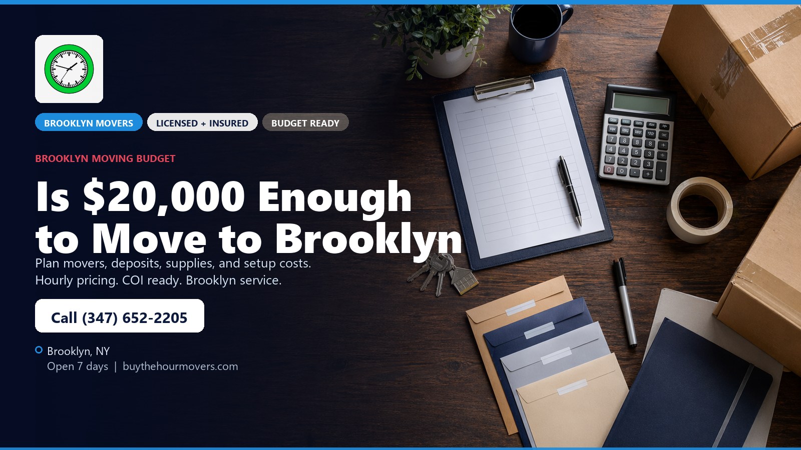 Brooklyn moving budget planning with boxes, estimate checklist, and apartment setup costs