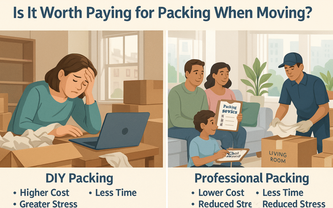 Split scene showing a stressed person packing alone and a relaxed Brooklyn family watching professional movers pack boxes.