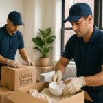 Is it worth paying for packing when moving? Brooklyn Two movers in uniforms packing items in a living room filled with cardboard boxes. One mover carefully places a bowl into a box labeled "LIVING ROOM," while the other organizes boxes nearby. The scene showcases a professional moving process in a bright, modern space.