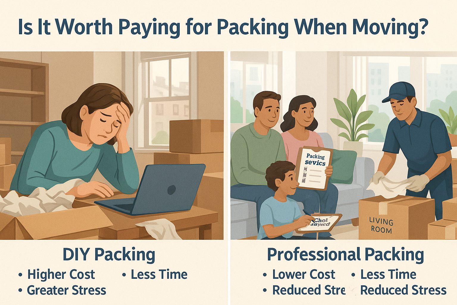 Split scene showing a stressed person packing alone and a relaxed Brooklyn family watching professional movers pack boxes.