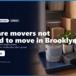 Image depicting a staging area for moving in Brooklyn, featuring cardboard boxes, packing blankets, a paint can, and a potted plant. The scene highlights restricted household items that movers are not allowed to transport. Text overlay includes information about a Brooklyn moving guide and contact details for assistance.