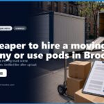 Moving scene in Brooklyn featuring a portable container and a moving truck, with stacked boxes and moving supplies. The image compares costs of hiring a moving company versus using pods, promoting a local moving guide. Contact information and business hours are visible.