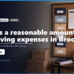 Home office setup in Brooklyn featuring a planning board with envelopes, a calendar, and moving boxes. The image highlights moving expenses and planning resources, with contact information for local movers.