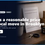 Image depicting a local moving scene in Brooklyn, featuring packed moving boxes, a measuring tape, and a notepad for estimates. The text highlights inquiries about reasonable pricing for local moves in Brooklyn, with contact information for a moving service.