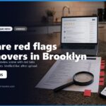 Image showing a workspace with a laptop displaying moving service reviews, a document review with red tabs indicating potential issues, a magnifying glass, a notebook, and a smartphone. The scene highlights red flags to watch for when hiring movers in Brooklyn, NY. Contact information and website details are included for further assistance.