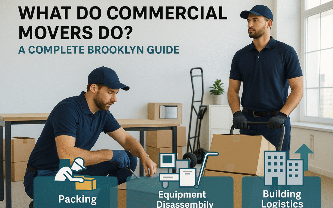 Two commercial movers in Brooklyn are preparing for a move, focusing on packing boxes and equipment disassembly. The image highlights their roles in building logistics, showcasing a professional and organized moving environment.