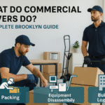 What Do Commercial Movers Do? A Complete Brooklyn Guide Two commercial movers in Brooklyn are preparing for a move, focusing on packing boxes and equipment disassembly. The image highlights their roles in building logistics, showcasing a professional and organized moving environment.