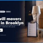 Alt text: Interior of a moving space in Brooklyn featuring packed boxes, a wrapped lamp, a checklist on a clipboard, and moving supplies. Text highlights tasks movers will not perform in Brooklyn, with contact information for a local moving service.