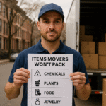 Mover holding a sign listing items that professional movers won't pack, including chemicals, plants, food, and jewelry, in front of a moving truck and residential buildings.