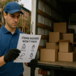 Mover standing beside an open truck on a Brooklyn street holding a checklist titled “Items Movers Won’t Pack” with icons for chemicals, plants, food and jewelry.