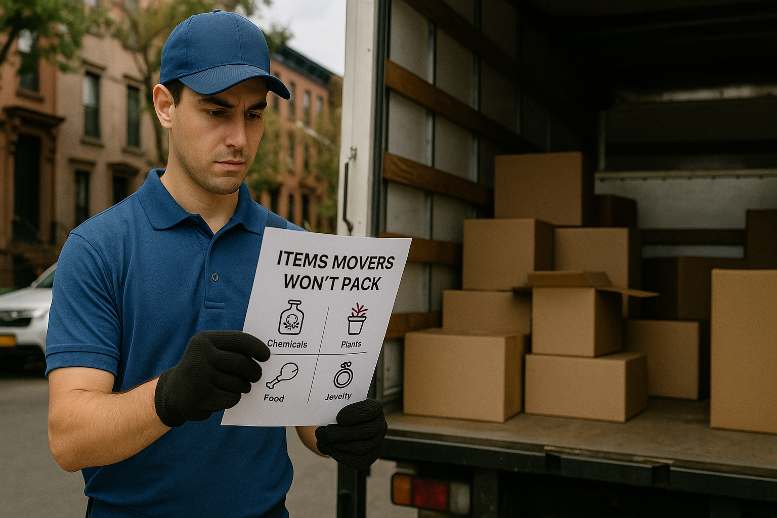 Mover standing beside an open truck on a Brooklyn street holding a checklist titled “Items Movers Won’t Pack” with icons for chemicals, plants, food and jewelry.