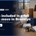 Image depicting a well-organized moving scene in Brooklyn, featuring packed boxes, moving blankets, packing supplies like tape and bubble wrap, and a checklist for a full-service move. The setting includes a bright room with windows, emphasizing the professional packing and protection services offered.